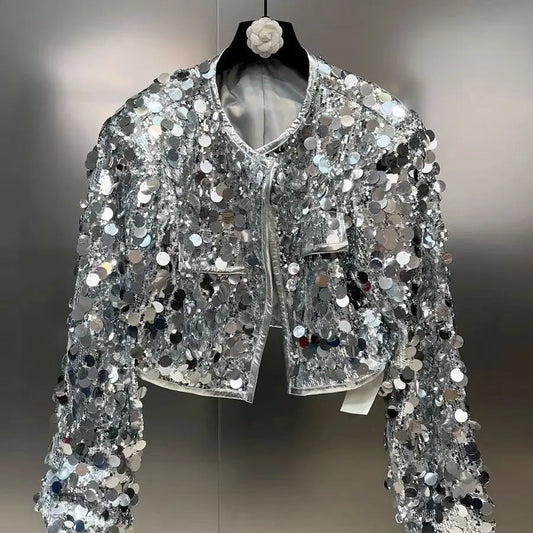 Girls Jacket Fall New Round Neck Long Sleeve Shiny Heavy Sequin Coat European Style Fashion Silver Children Coat Simple Casual