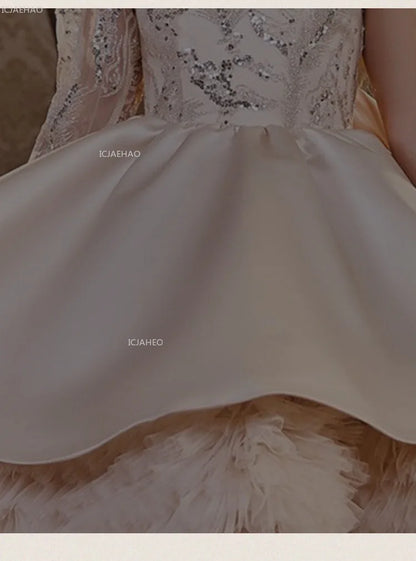 2026 nuevo vestido para niños vestido de princesa con lentejuelas un hombro falda acampanada con lazo Patchwork niños niñas traje Formal de celebración de fiesta
