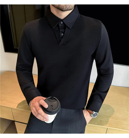 Suéter de punto de alta calidad para hombre, camisa de lana gruesa con cuello empalmado, suéteres con cuello en V, suéter de punto de dos piezas para Otoño e Invierno