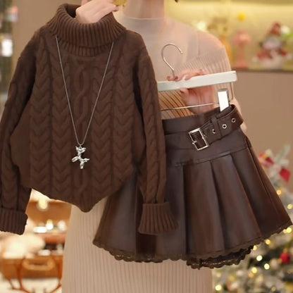 Conjunto de suéter para niñas, primavera, Otoño e Invierno, 2025, nueva moda para niños, suéter grueso versátil, falda de cuero de encaje, conjunto de dos piezas