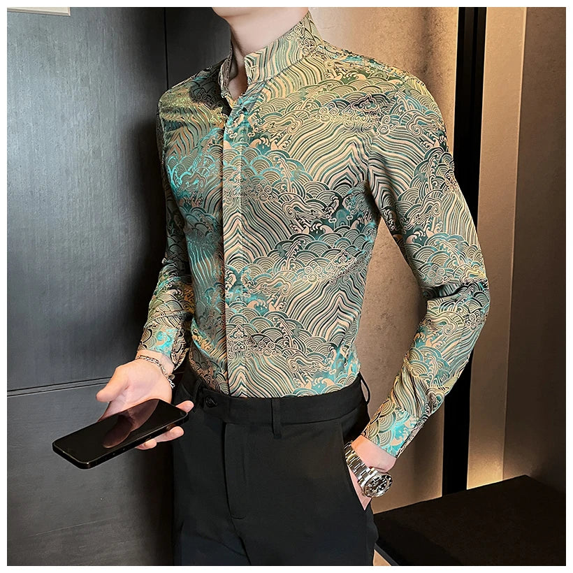 Camisas estampadas de manga larga con cuello levantado para primavera y otoño, camisa informal de moda para hombre de estilo chino Formal Social de negocios