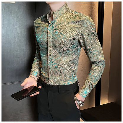Camisas estampadas de manga larga con cuello levantado para primavera y otoño, camisa informal de moda para hombre de estilo chino Formal Social de negocios