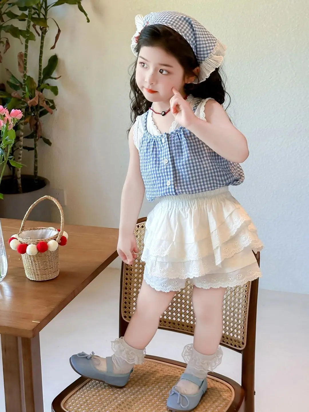 Conjunto de Dos Piezas con Estampado a Cuadros para Niñas, Top Halter con Cuello en V y Falda Corta, Mezcla de Algodón y Poli...