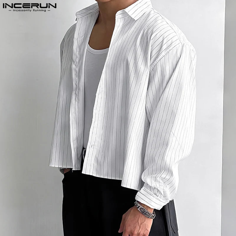 Casual Simple Style Tops INCERUN New Men's Striped Cropped Shirt Fashion Well Fitting Male Hot Selling Long Sleeved Blouse S-5XL
