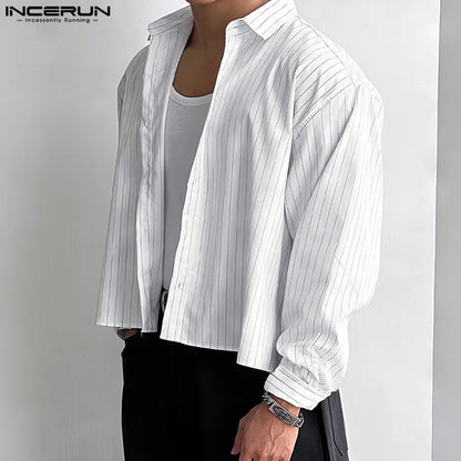 Casual Simple Style Tops INCERUN New Men's Striped Cropped Shirt Fashion Well Fitting Male Hot Selling Long Sleeved Blouse S-5XL