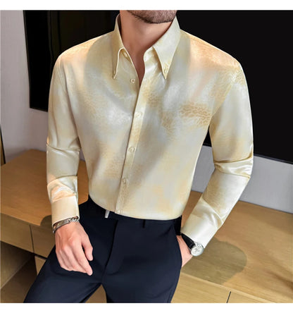 Camisa de manga larga de seda de imitación para hombre, camisa informal estampada de Color degradado a la moda, ropa Social de negocios, ropa de calle para hombre