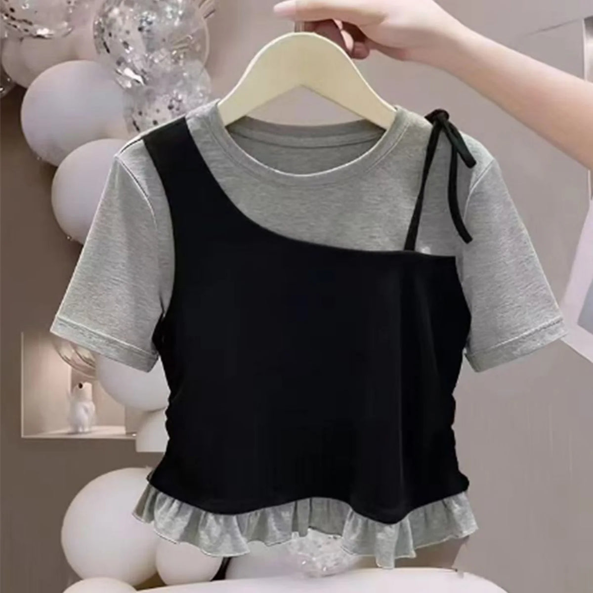 Camiseta de Manga Corta para Niñas, Algodón Puro, Dobladillo con Volantes, Estilo Corto, Verano, Casual, Ropa Infantil, Trans...