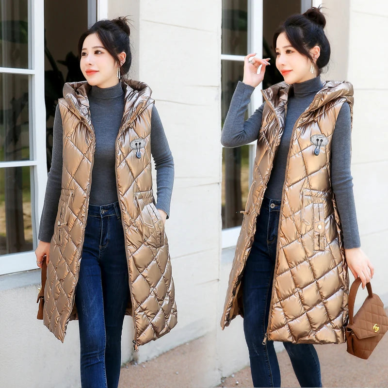Chaleco de algodón con capucha para mujer, ajustado, de longitud media, sin lavado, superficie brillante, a la moda, versátil...