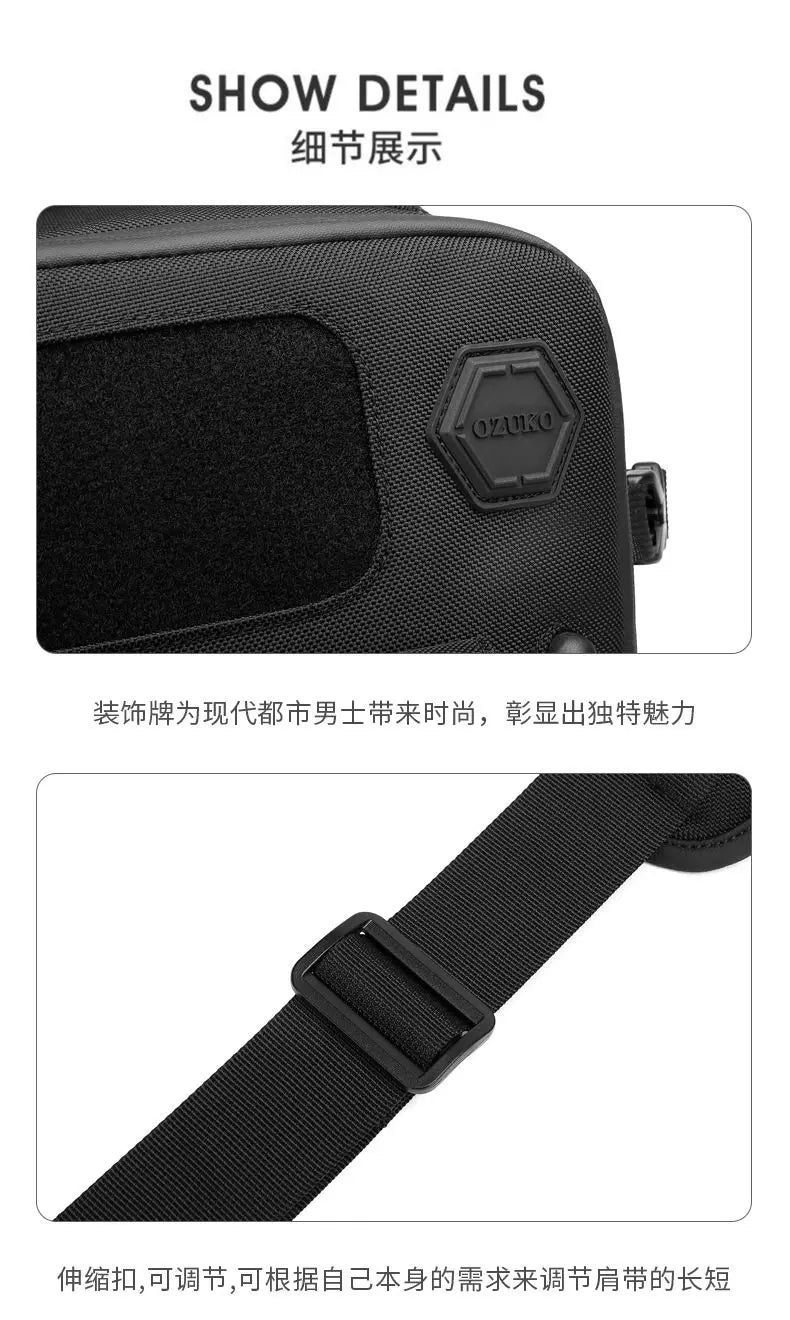 OZUKO-Bolso cruzado de hombro para hombre, bolsa de pecho, impermeable, táctico, cintura, bandolera, cremallera, moda, deportes al aire libre, negro