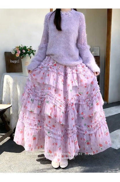 Primavera Verano 2026 Falda Larga de Tul Estampada de Cintura Alta con Empalmes Asimétricos, Falda de Pastel Colorida, Estilo...