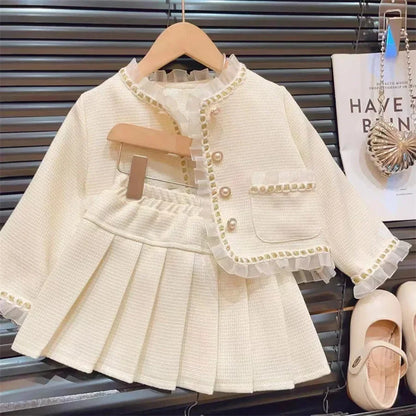 Conjunto de dos piezas de moda para niña, chaqueta de encaje, Falda corta, colección de primavera y otoño, novedad de 2024