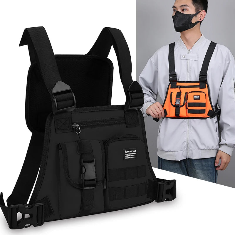 Hip-hop de moda para hombre con múltiples bolsillos bolso de pecho táctico funcional ligero viaje duradero bolso de chaleco deportivo de moda