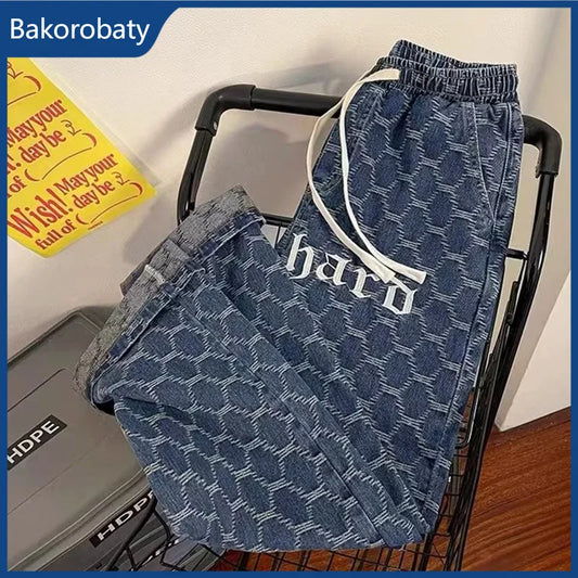 Nuevos Jeans Anchos con Estampado de Letras Góticas 2026 para Hombre, Pantalones Vaqueros Rectos con Cordón de Moda Harajuku, Estilo Y2K Streetwear a Cuadros