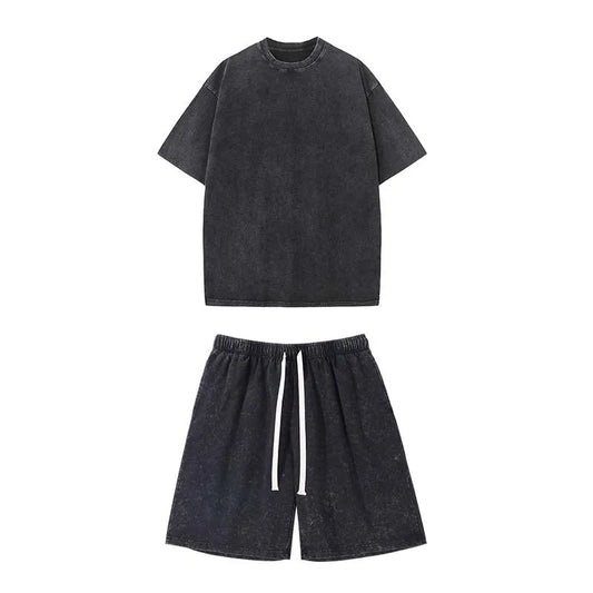Conjunto de Camiseta de Manga Corta y Pantalones Cortos Lavados y Envejecidos. Unisex. Talla Europea. Diseño de Copo de Nieve Frito. Conjunto de Verano.