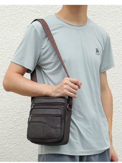 Bolso de hombro pequeño de piel de vaca de primera capa para hombre, bandolera de viaje de cuero genuino para ir al trabajo, bolso informal diario para teléfono móvil