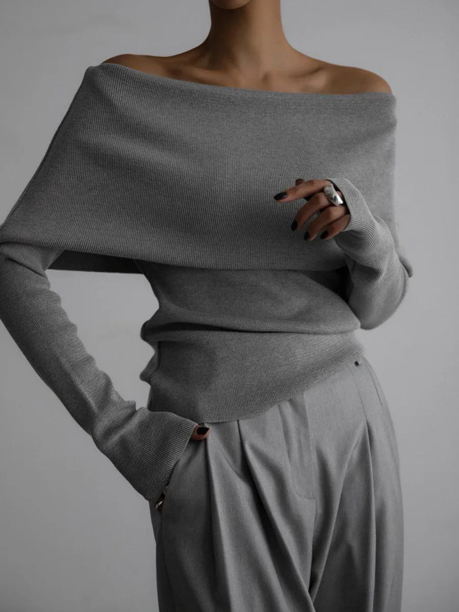 Suéter de punto para mujer con hombros descubiertos, top de manga larga, jersey, ropa de otoño-invierno en rojo, gris, marrón y blanco
