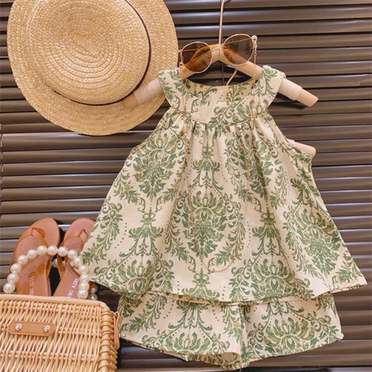 Conjunto de dos piezas para niña, conjunto de tirantes sin mangas con cuello Halter Floral pequeño, pantalones cortos refrescantes, novedad de 2024