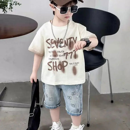 Conjunto de Verano para Niños y Adolescentes, ropa de algodón con letras de manga corta, a la moda, 2 piezas