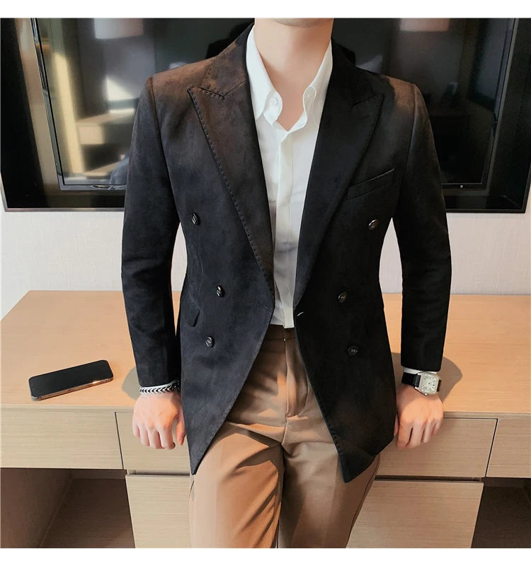 Chaqueta de ante con botones de doble botonadura para hombre, traje de negocios informal, ropa de calle Social, otoño e invierno, 2023