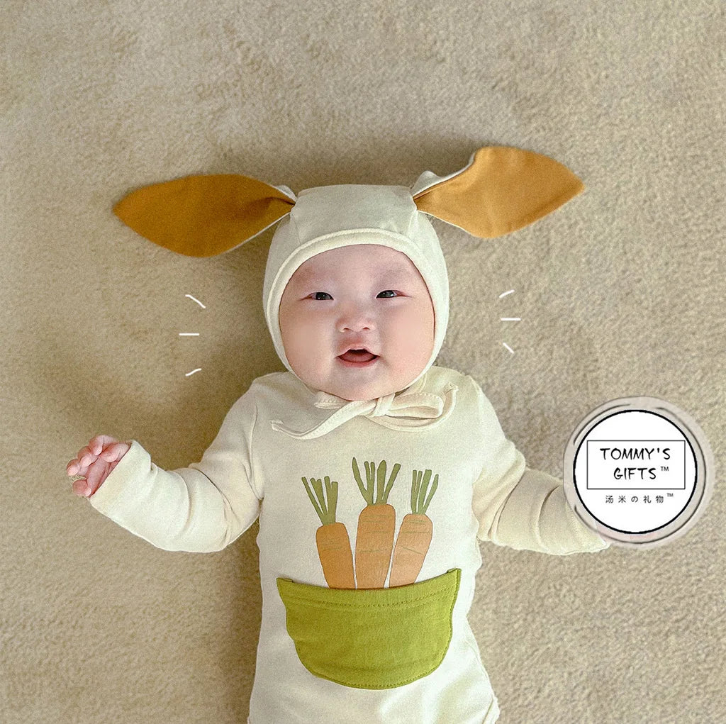 2025 INS ropa infantil para niña moda verano estampado de zanahoria diseño de conejito mameluco para bebé mono de algodón suave 0-24M otoño