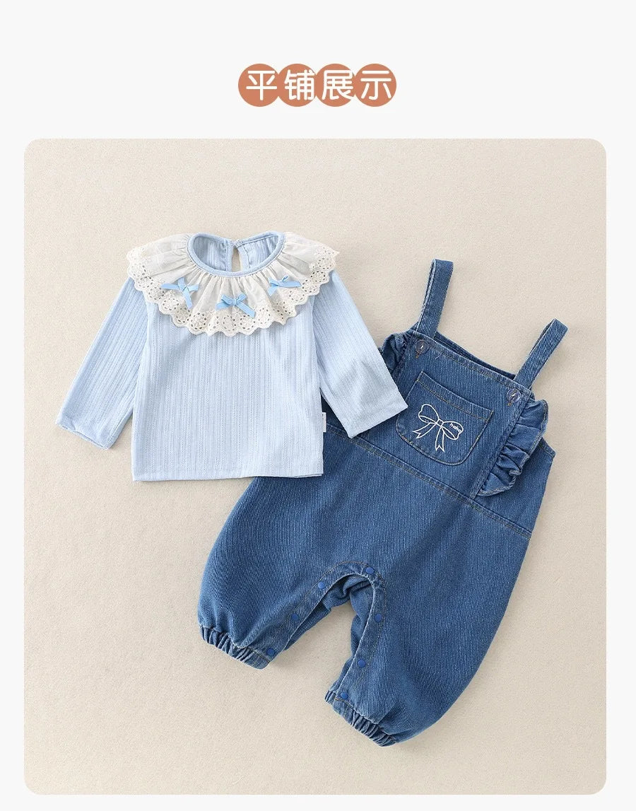 Conjunto de 2 piezas de lujo coreano para niña, conjunto de camiseta y camiseta a la moda con cuello de encaje, pelele elegante de Estilo Princesa, traje de otoño