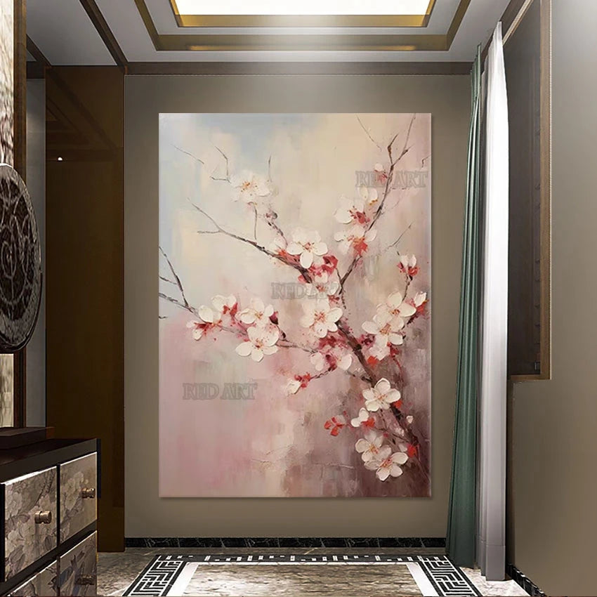 Pintura decorativa de pasillo, pintura al óleo de flores con cuchillo de flor de ciruelo abstracto, murales de gran tamaño, arte de pared en lienzo, juego sin marco