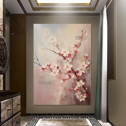 Pintura decorativa de pasillo, pintura al óleo de flores con cuchillo de flor de ciruelo abstracto, murales de gran tamaño, arte de pared en lienzo, juego sin marco