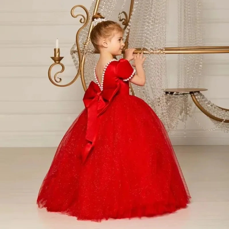 Vestido de fiesta de princesa rojo para niñas, vestido de tul hinchado para cumpleaños, violín, Piano, actuación, desfile de moda, ropa