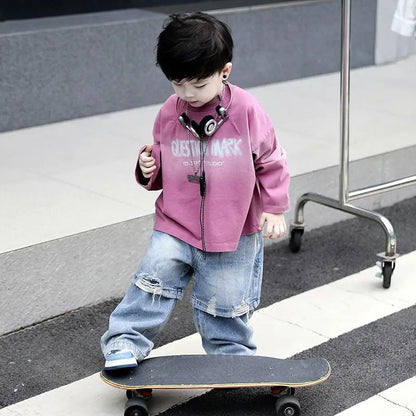 Conjunto de 2 Piezas de Ropa Infantil 2026 para Niño, Primavera-Otoño, Nueva Versión Coreana, Camisa Base con Degradado Rosa, Pantalones Vaqueros Personalizados a la Moda
