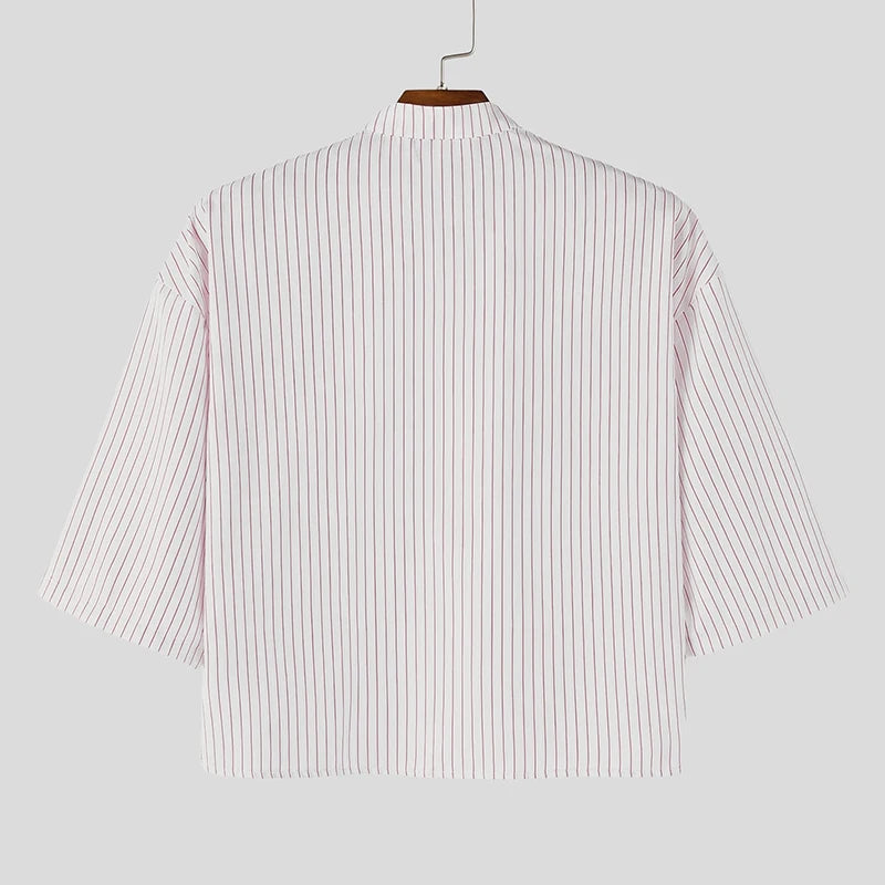 INCERUN-Camiseta para hombre con cuello alto y manga corta, Tops cortos a rayas con diseño de patchwork, ropa informal de verano holgada, ropa de moda para hombre 2026