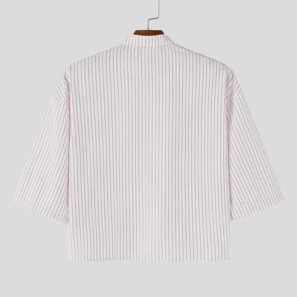 INCERUN-Camiseta para hombre con cuello alto y manga corta, Tops cortos a rayas con diseño de patchwork, ropa informal de verano holgada, ropa de moda para hombre 2026
