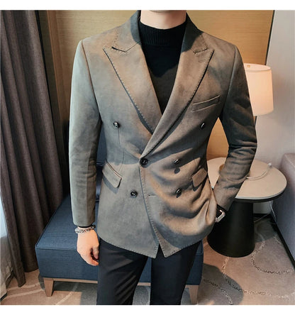 Chaqueta de ante con botones de doble botonadura para hombre, traje de negocios informal, ropa de calle Social, otoño e invierno, 2023