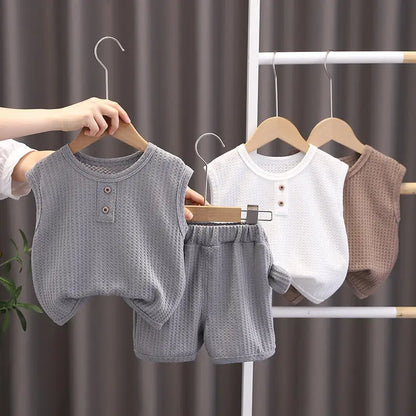 Ropa de oso para niños y niñas, chaleco de cuello redondo, pantalones cortos, chándales de dibujos animados para niños pequeños, moda de verano, nuevo conjunto de 2 piezas