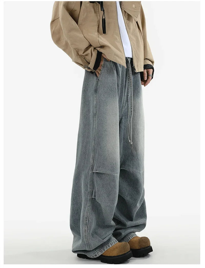 Pantalones vaqueros Cargo plisados de calle alta de otoño para Hombre, Pantalones vaqueros rectos de pierna ancha con bolsillo, moda Hip Hop Y2K, Vaqueros holgados