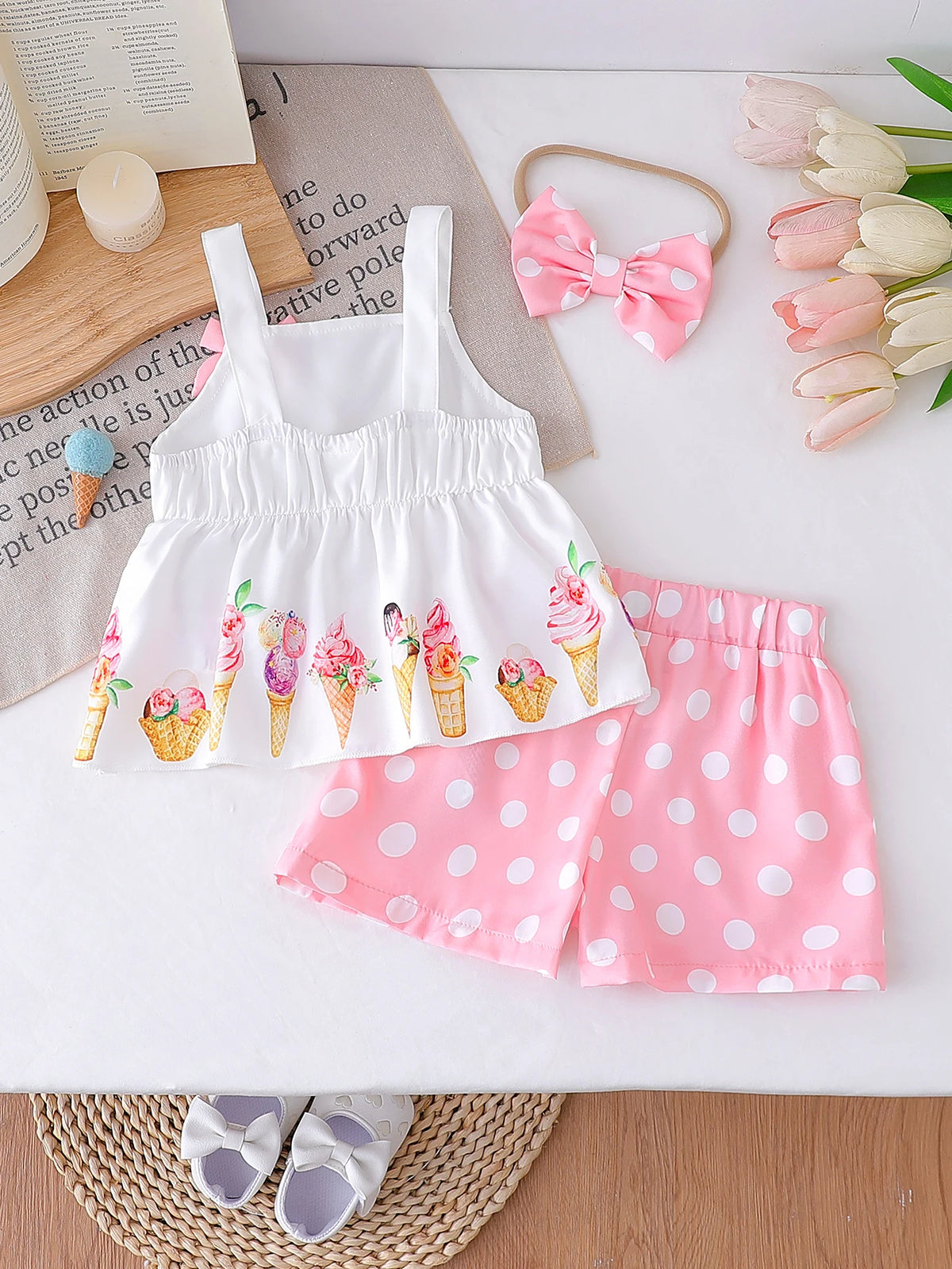NOVEDAD DE VERANO 2025, Top con tirantes y estampado de helado para niña con pantalones cortos de lunares, conjunto informal de dos piezas para vacaciones