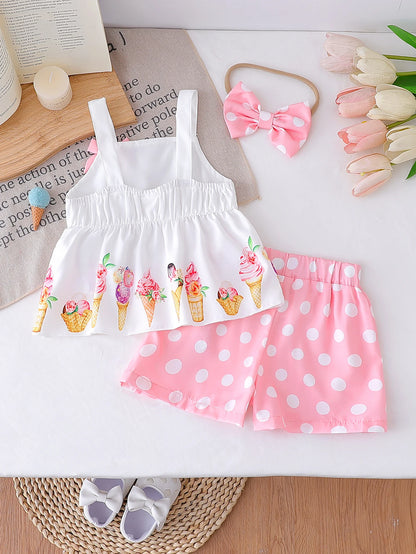 NOVEDAD DE VERANO 2025, Top con tirantes y estampado de helado para niña con pantalones cortos de lunares, conjunto informal de dos piezas para vacaciones