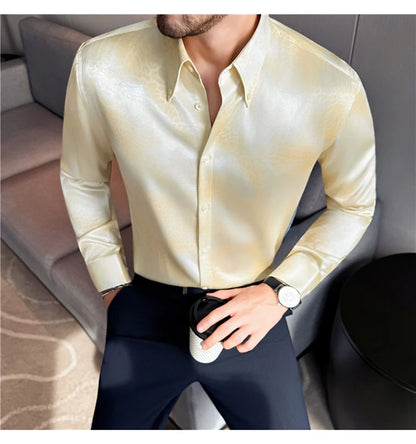 Camisa de manga larga de seda de imitación para hombre, camisa informal estampada de Color degradado a la moda, ropa Social de negocios, ropa de calle para hombre