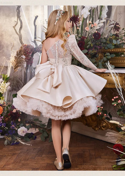 2026 nuevo vestido para niños vestido de princesa con lentejuelas un hombro falda acampanada con lazo Patchwork niños niñas traje Formal de celebración de fiesta