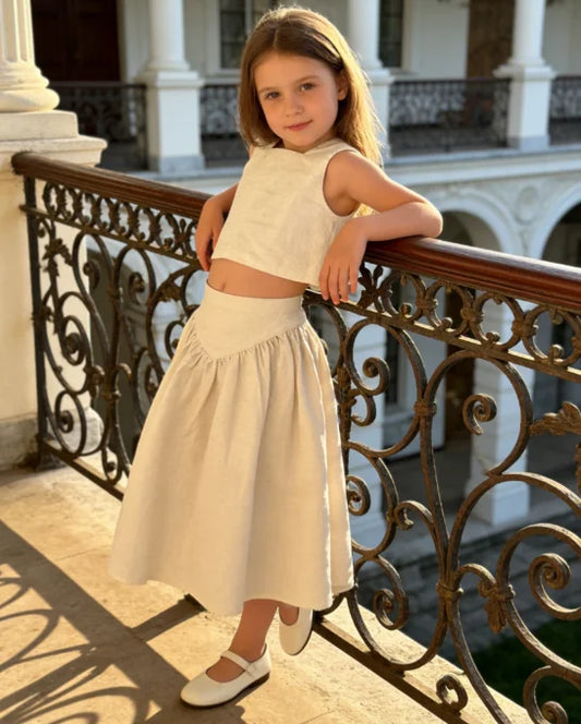 Conjunto de Dos Piezas para Niñas, Edición Coreana 2026, Top de Verano de Algodón y Cáñamo, Falda Corta, Color Sólido