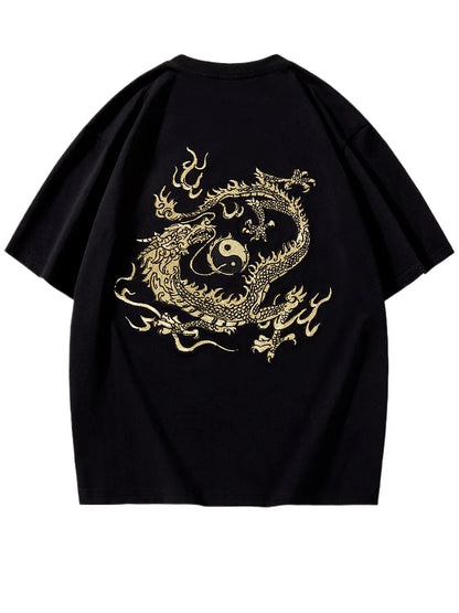 Embroidery T Shirt Men Gold Dragon Graphic T Shirts Man Vintage Hip Hop Chinese Tees Short Sleeve Cotton Casual Summer Tops Male