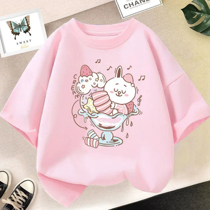 Camiseta bonita de dibujos animados de batido de leche de fresa para niñas, camisetas rosas con gráfico de manga corta para niños