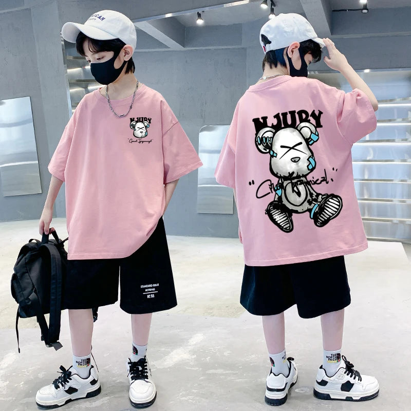 Camiseta de manga corta con estampado de oso de dibujos animados de verano para niños y niñas, camiseta 100% de algodón puro