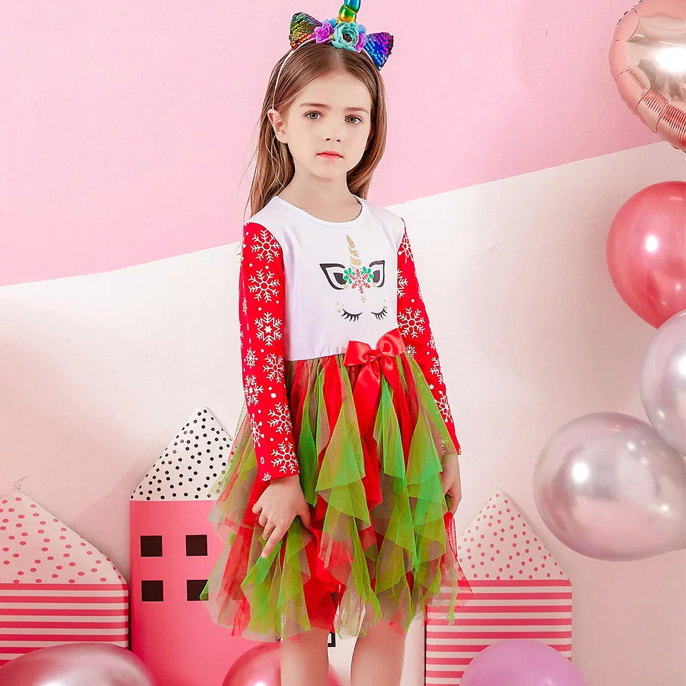 VIKITA Vestido navideño de unicornio para niñas, vestido tutú con estampado de copos de nieve de manga larga para niños con falda de tul escalonada roja y verde para Navidad