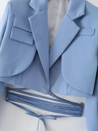 Early Autumn Women's Cross-Belted Slim Fit Short Suit Jacket Fashionable Business Casual Style Long Sleeve Commute Friendly