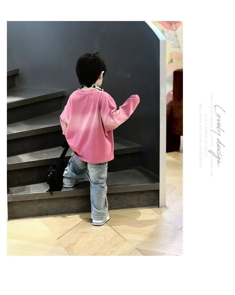 Conjunto de 2 Piezas de Ropa Infantil 2026 para Niño, Primavera-Otoño, Nueva Versión Coreana, Camisa Base con Degradado Rosa, Pantalones Vaqueros Personalizados a la Moda