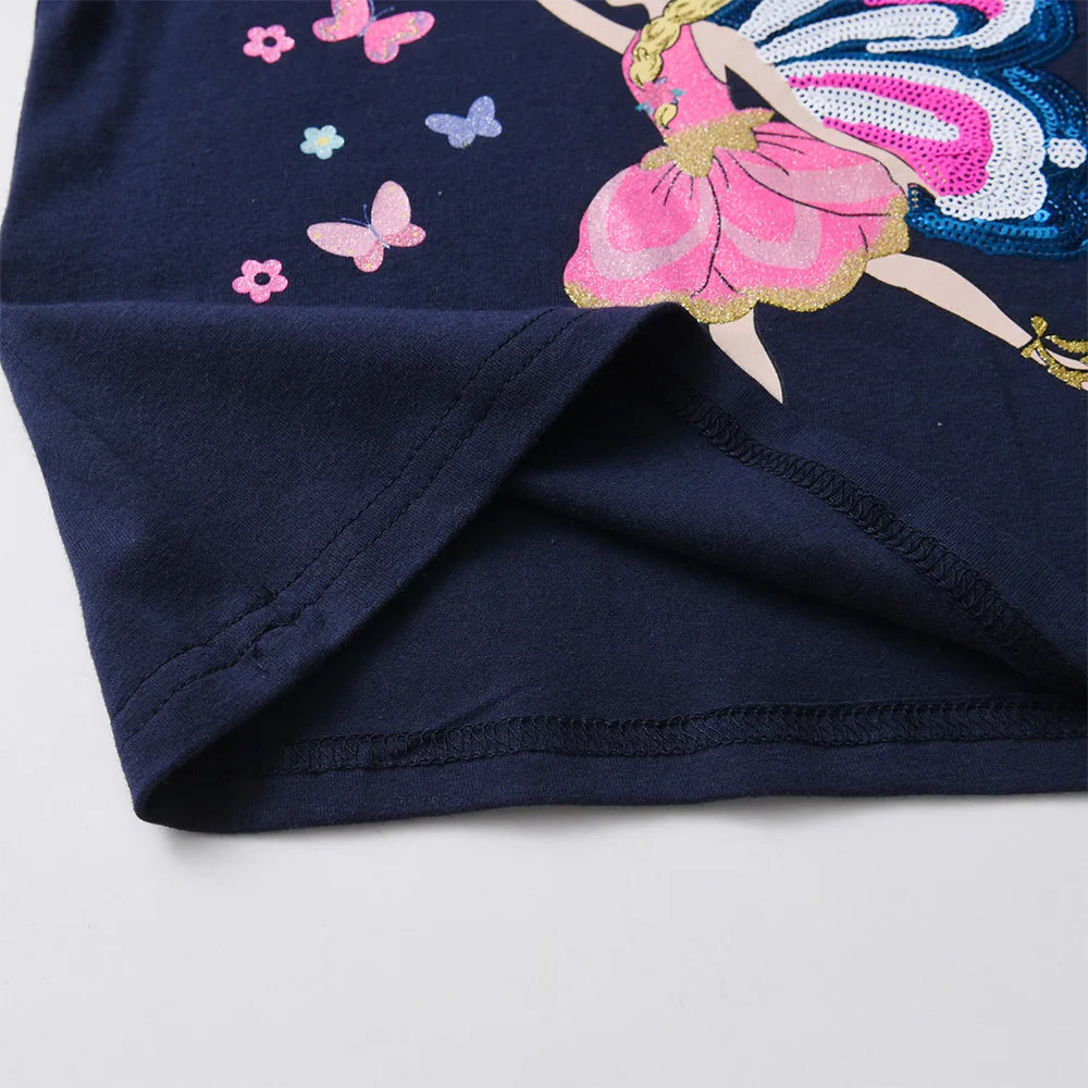 VIKITA, camiseta de manga larga para niñas, camisetas informales de algodón con apliques de lentejuelas y elfo de hadas para niñas, camisetas a rayas con cuello redondo, ropa para niños