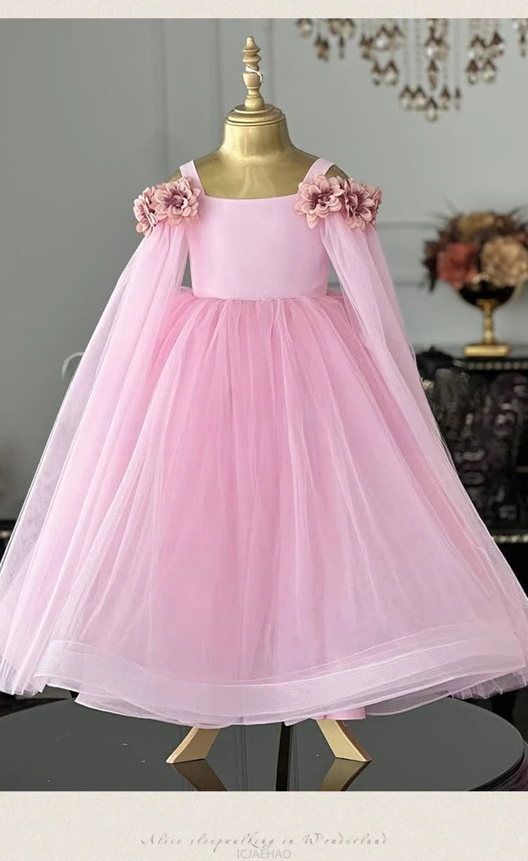 Vestido de boda para niños, vestidos de boda rosas con flores para niñas, ropa para niños, actuación de Piano, presentador, vestido de fiesta de cumpleaños de princesa, disfraz