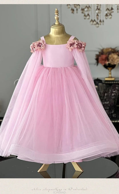 Vestido de boda para niños, vestidos de boda rosas con flores para niñas, ropa para niños, actuación de Piano, presentador, vestido de fiesta de cumpleaños de princesa, disfraz