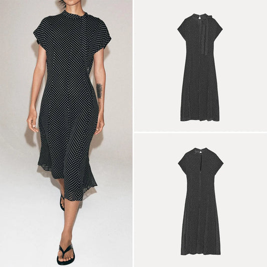 Fashionable Polka Dot Midi Dress Women's Spring 2026 New Arrival Elegant Daily Wear ZADATA Ladies' Dress Short Sleeve Slim Fit
