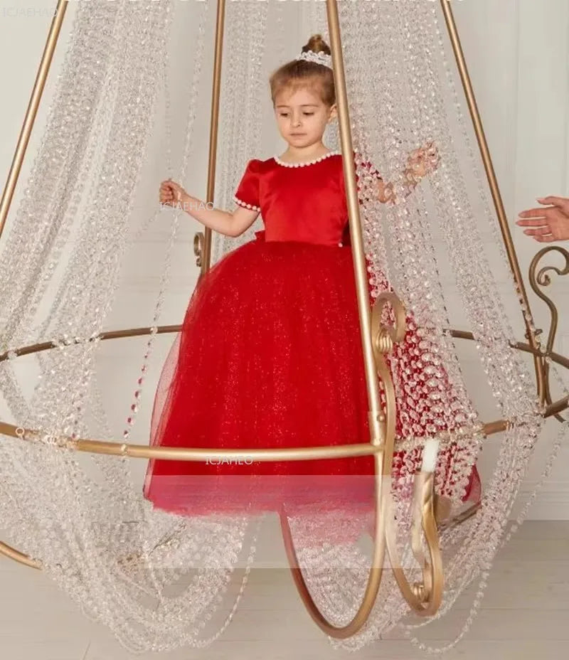 Vestido de fiesta de princesa rojo para niñas, vestido de tul hinchado para cumpleaños, violín, Piano, actuación, desfile de moda, ropa